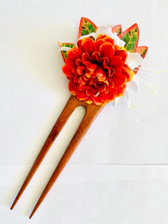 Accessories - Hawaiian Floral Hair Stick 🌺 Red Flower Kanzashi Wood 8” Hula Luau New Unused